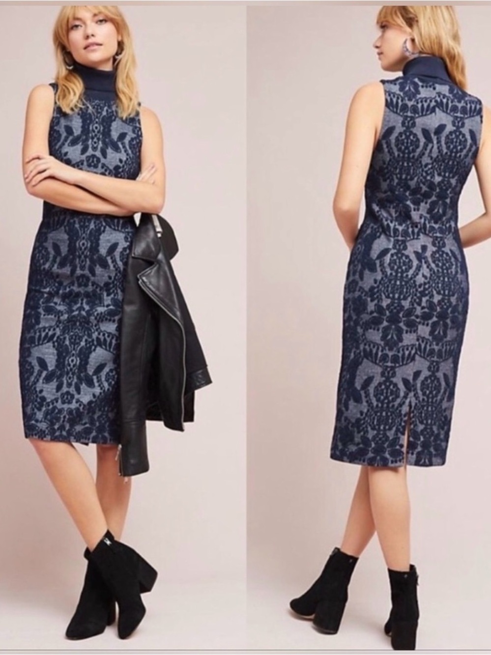 Anthropologie Maeve Ryder Jacquard Blue Turtleneck Dress Size 6P